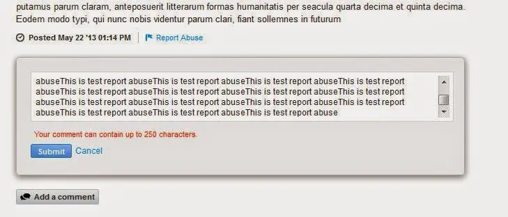 Report Abuse Widget Validating Excess Content